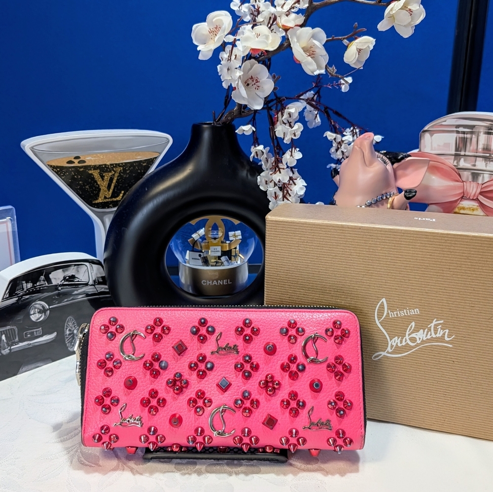 Christian Louboutin Pink Panettone Studded Zip Around Calfskin Wallet 🔥